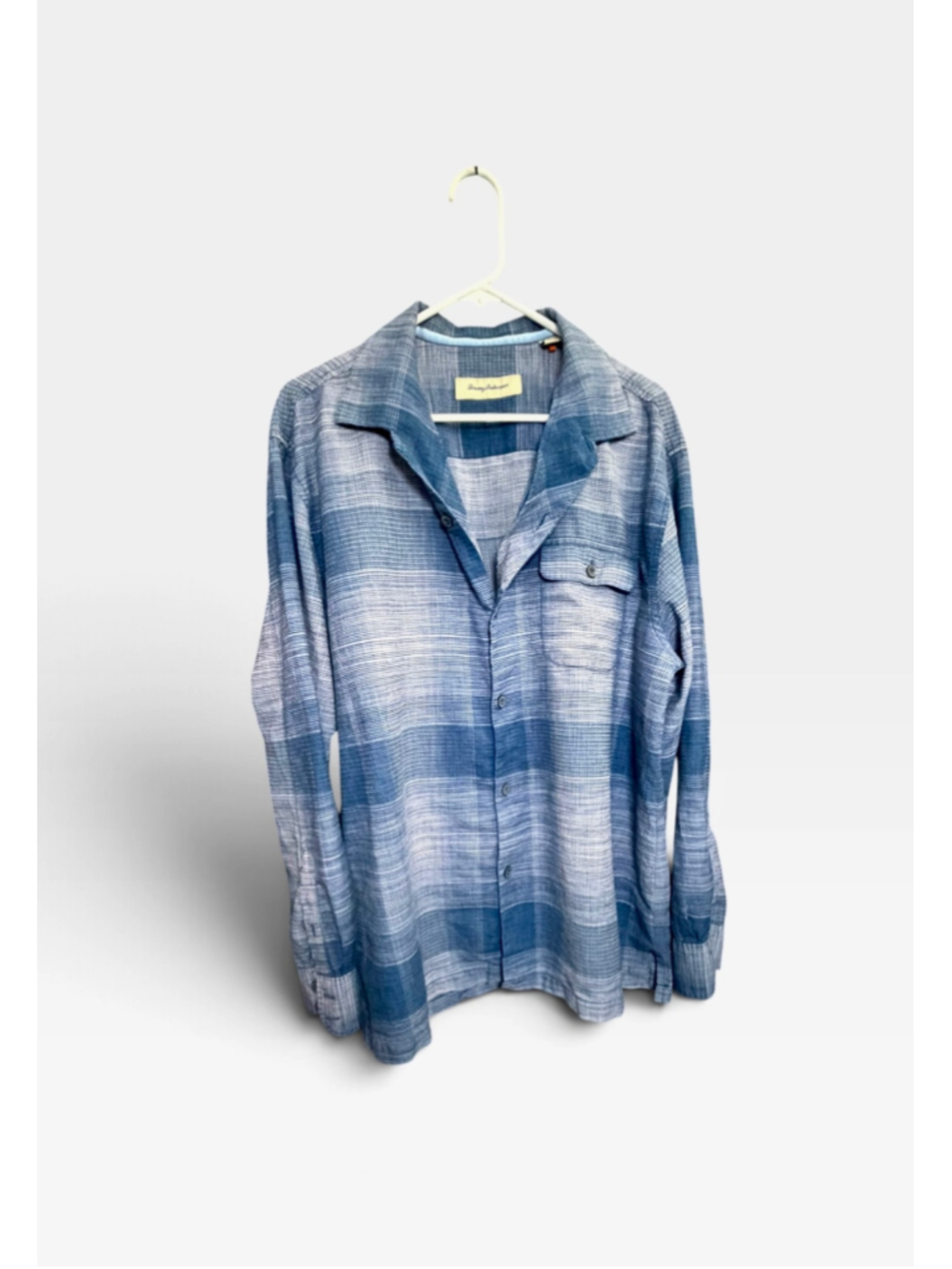 Men's Tommy Bahama Casual Button Down Shirt XL Blue White Plaid Silk Cotton